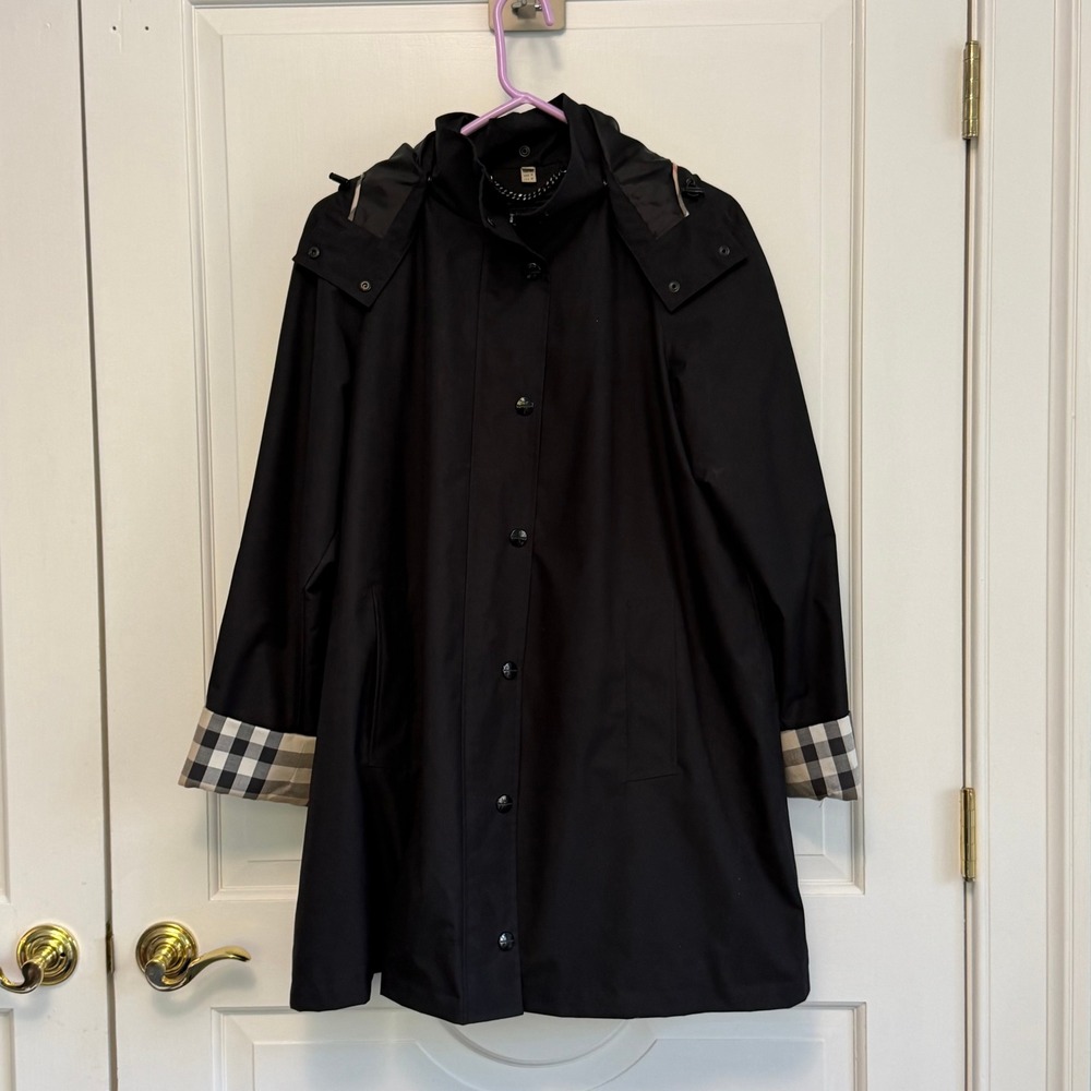 Burberry London Hooded Rain Coat Womens 14 Black Nova Check Cuffs Detachable